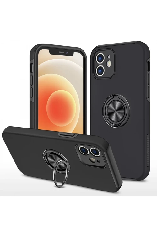 iPhone 12 Mini Kılıf Elit Yüzüklü Kapak - Siyah