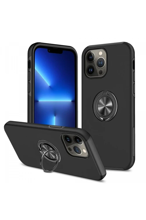 iPhone 13 Pro Max Kılıf Elit Yüzüklü Kapak - Siyah