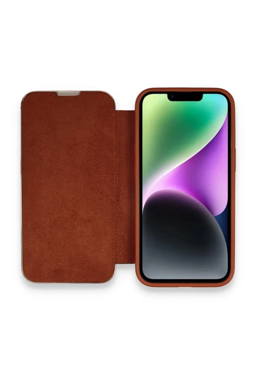iPhone 14 Pro Max Kılıf Dolpin Kapaklı - Kahverengi
