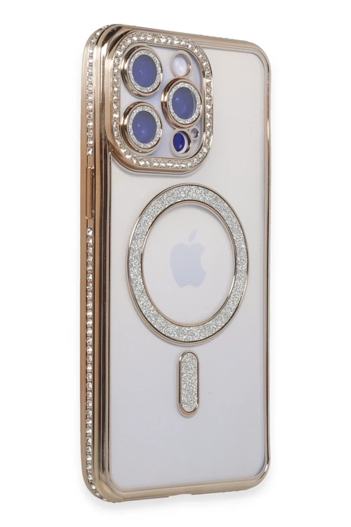 iPhone 15 Pro Max Kılıf Joke Simli Magneticsafe Kılıf - Gold