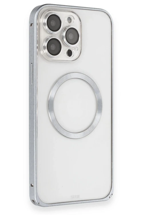 iPhone 15 Pro Max Kılıf Metal Bumper Magneticsafe Kapak - Gri
