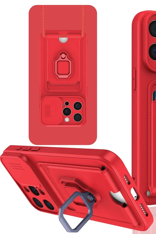 iPhone 15 Pro Max Kılıf Zuma Kartvizitli Yüzüklü Silikon - Kırmızı