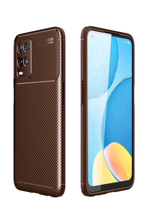 Oppo A54 4G Kılıf Auto Focus Karbon Kapak - Kahverengi