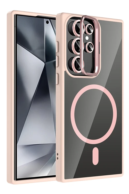 Samsung Galaxy S24 Ultra Remim Lensli Magsafe Standlı Kapak - Pembe