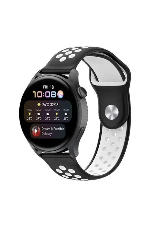 Watch 22mm Spor Delikli Kordon - Siyah-Beyaz