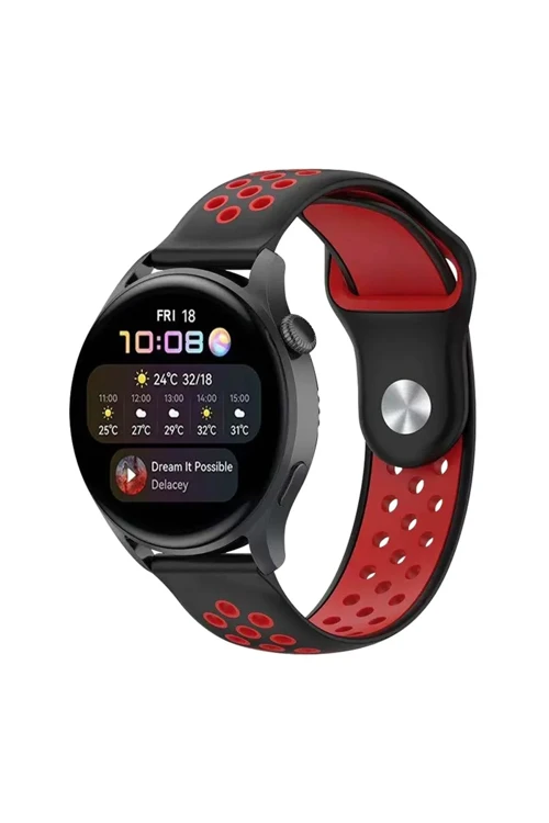Watch 22mm Spor Delikli Kordon - Siyah-Kırmızı