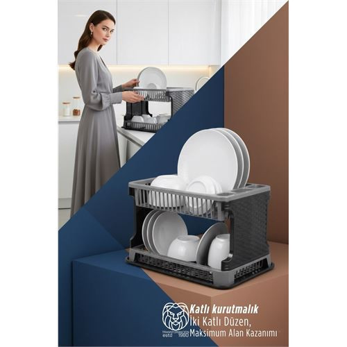 2 Katlı Rattan Dokulu Lüks Bulaşıklık - Kirli Beyaz & Siyah Modern Düzenleyici