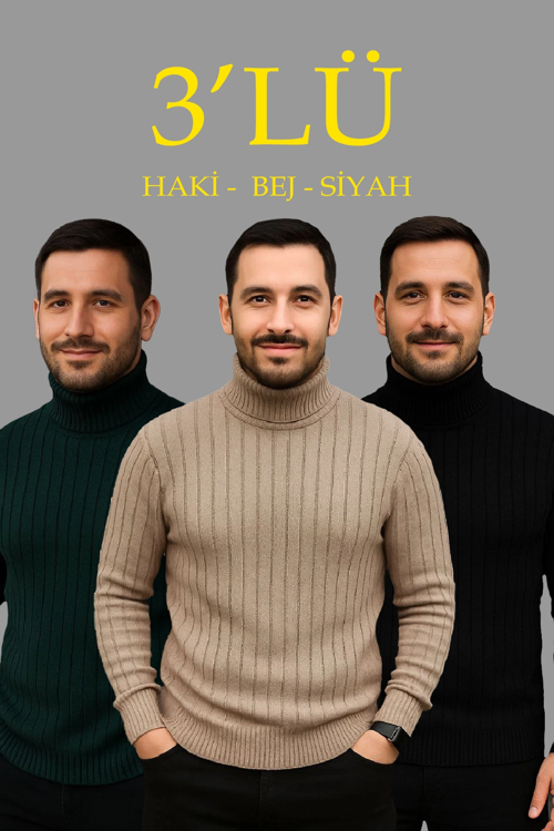 Fitilli Triko Kazak 3'lÜ Set Bej Haki Siyah Regular Balıkcı Yaka Tam Boğazlı Triko Seti Modeli
