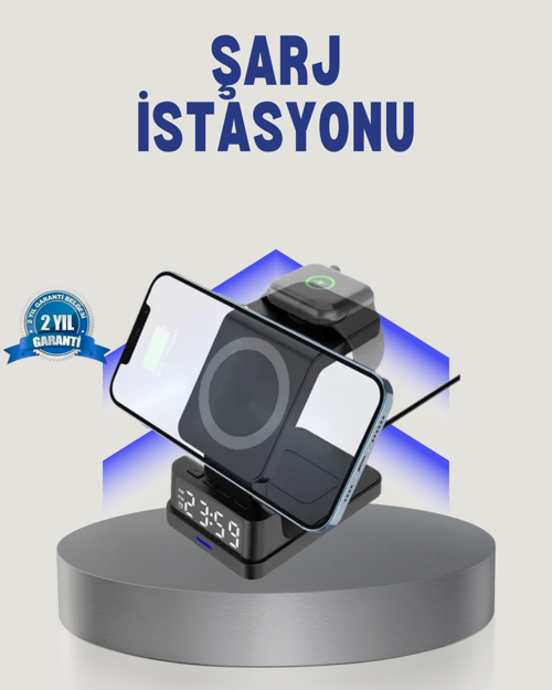 Kablosuz Şarj Cihazı Ve Dijital Saat – 4’Ü 1 Arada Hızlı Şarj Apple Uyumlu Led İşıklı T