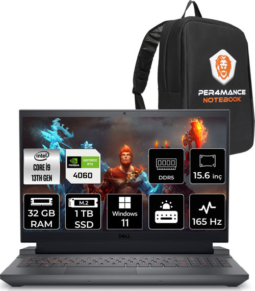 G15 5530 i9 13900HX 32GB 1TB SSD RTX4060/8GB 165Hz 15.6" FHD W11H G155530016WH & PER4 Çanta