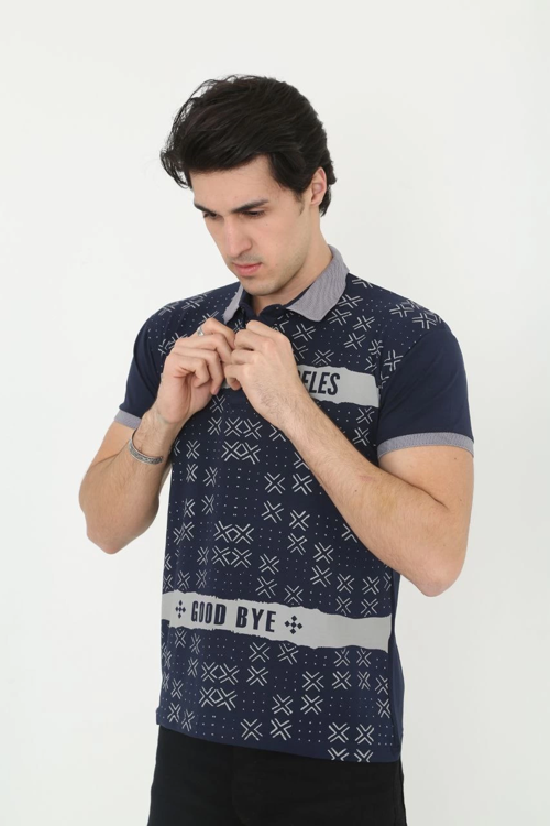 Yakalı Slim Fit Baskılı T-Shirt - Lacivert