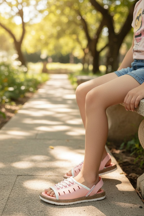 Bağcık Detaylı ve Yan Pencereli Sportif Görünümlü Çocuk Sandalet