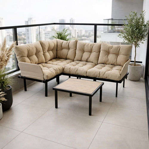 Bahçe Köşe Takımı Balkon ve Cafe Modüler Metal Köşe Koltuk Takımı Sehpalı Bej 1635