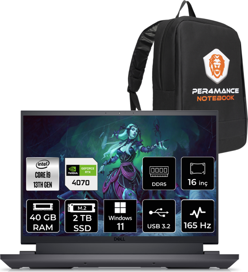 G16 7630 i9 13900HX 40GB 2TB SSD RTX4070/8GB 165Hz 16" QHD W11P G76302401020 & PER4 Çanta