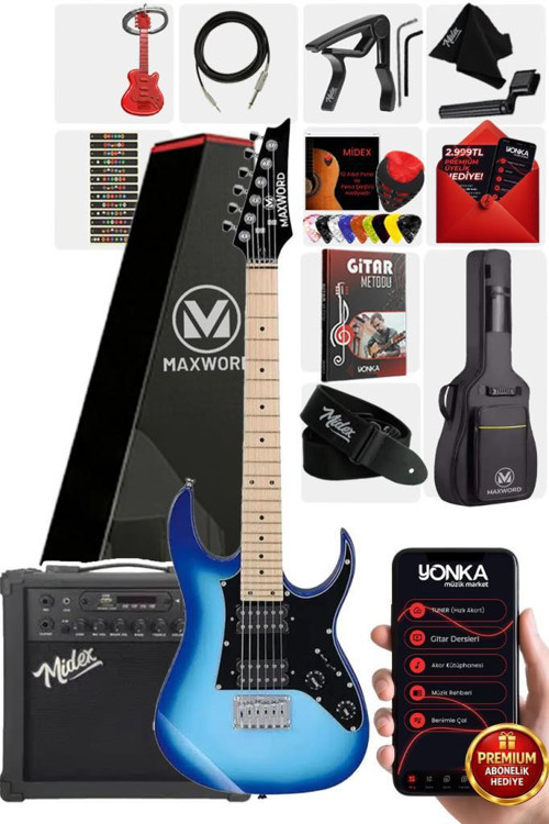 DE-150BL-25AMP Maple Klavye HH Yüksek Kaliteli 25W Amfili Elektro Gitar Seti