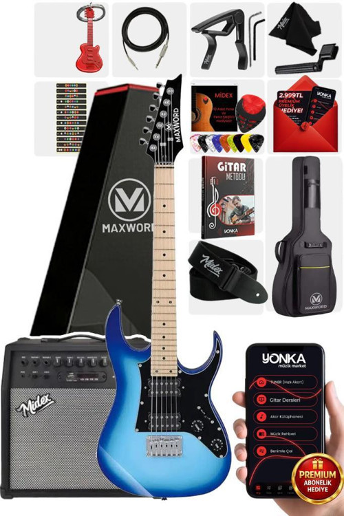 DE-150BL-50AMP Maple Klavye HH Yüksek Kaliteli 50W Amfili Elektro Gitar Seti