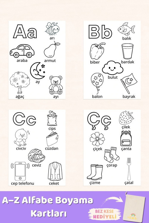 A-Z Türkçe Alfabe Boyama Kartları – 29’lu Montessori Harf ve Kelime Öğretici Set & Bez Kese Hediye