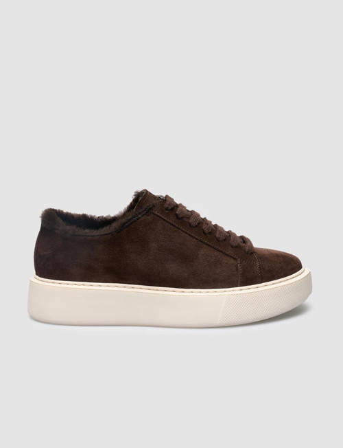 %100 Hakiki Deri Kahverengi Süet Kürklü Kadın Sneaker