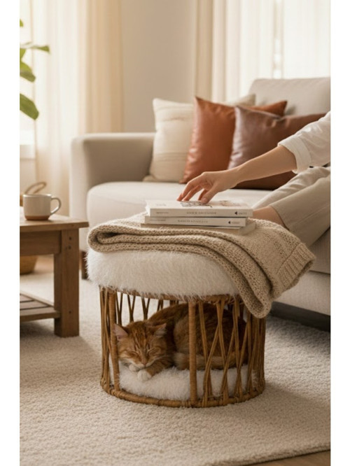 El Örgüsü Peluş Minderli Kedi Yatağı ve Dekoratif Puf Kahverengi