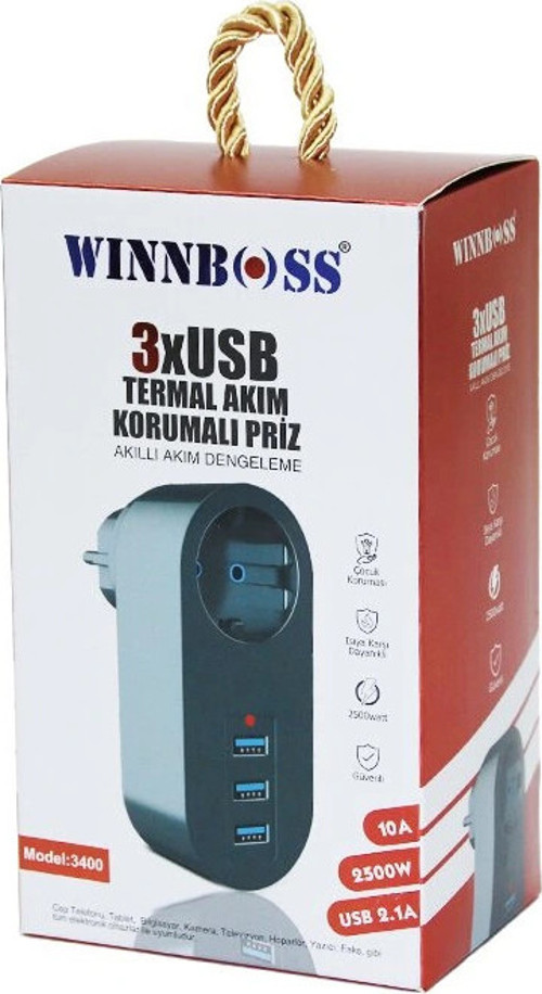 SİYAH TERMAL AKIM KORUMALI 1XPRİZ 3XUSB DUVAR TİPİ PRİZ 10A - 2500W (5047)