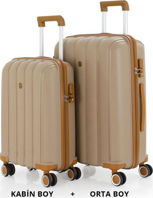 Bavul Orta ve Kabin 2li Set Kırılmaz Silikon Valiz V305 Şamp/Hardal