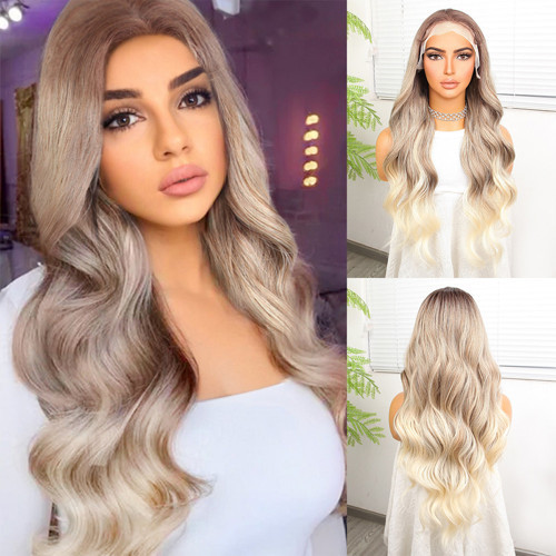 Kumral Platin Ombre ve Röfleli Fiber Sen Geniş Dalgalı Tül Peruk