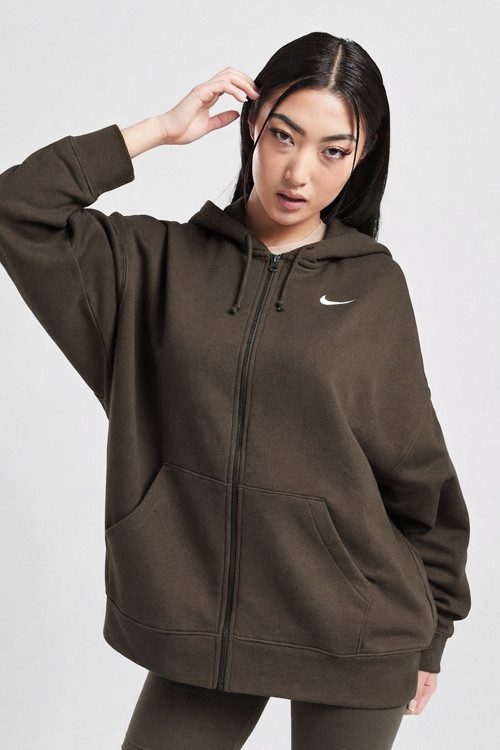 Sportswear Essentials Oversize Fleece Full Zip Hoodie Kadın Oversize Kapüşonlu Sweatshirt Kahverengi