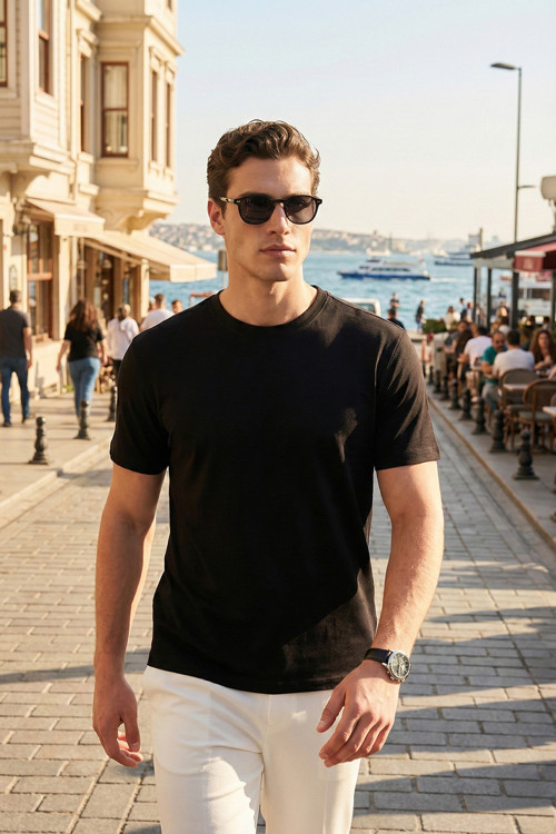 Pamuklu Regular Fit Bisiklet Yaka Erkek T Shirt 5904063 SİYAH