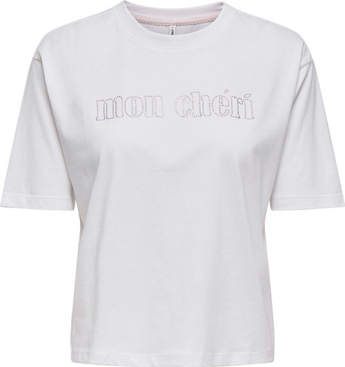 Onlrhine Pamuklu Boxy Fit Taş Detaylı Bisiklet Yaka Bayan T Shirt 15368901 BEYAZ