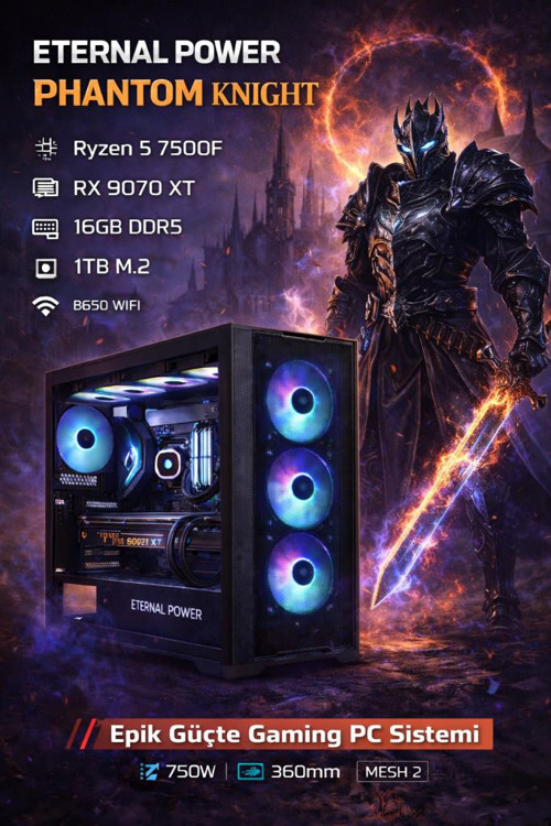 KNIGHT Ryzen 5 7500F RX 9070 XT 16GB DDR5 1TB M.2 B650 WIFI 750W 360mm MESH 2 Gaming PC