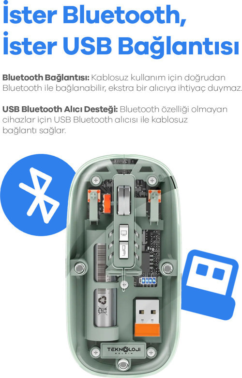 Kablosuz Mouse Fare Şarjlı Bluetooth Wireless Çift Modlu Sessiz 5 Tuşlu Şeffaf DPI Kontrol SİYAH