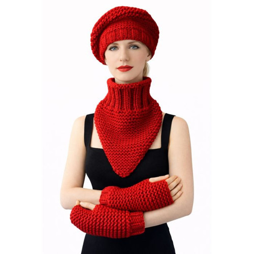 - Emine 9106 8920 El Örgüsü Kadın Bere Boyunluk Eldiven 3’lü Kışlık Akrilik Örgü Set - Kırmızı