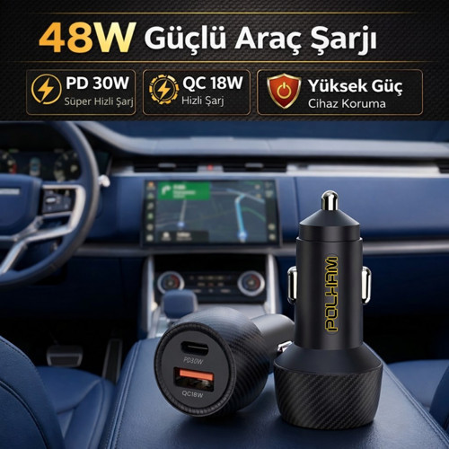 48W Süper Hızlı Type C ve USB Girişli Araç İçi Şarj Cihazı, PD 30W + QC 18W Çift Port 12V/24V