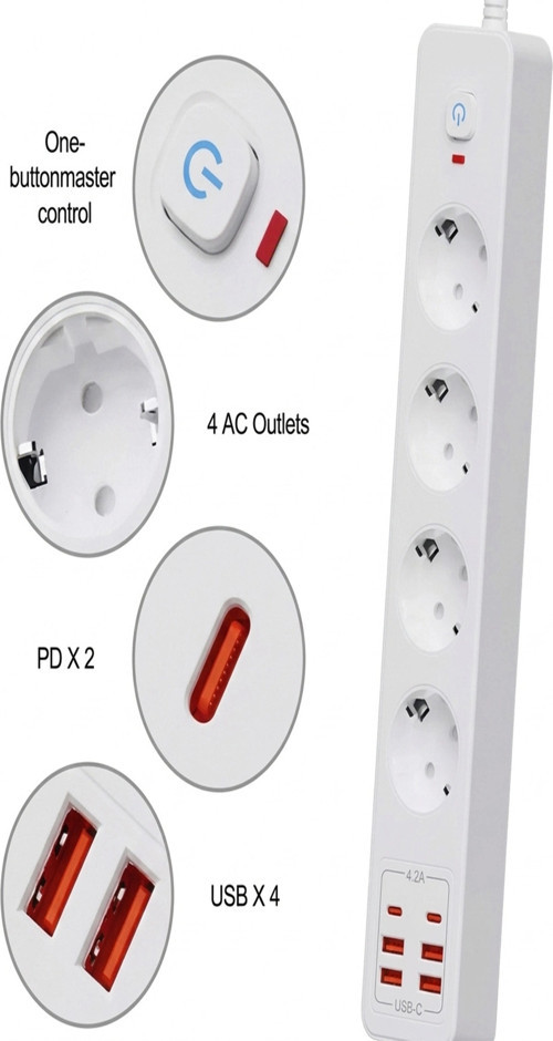 Termal Akım Korumalı 4'lü Priz 4x USB 2x Type-C Çıkışlı Grup Priz Çoğaltıcı (3500W)