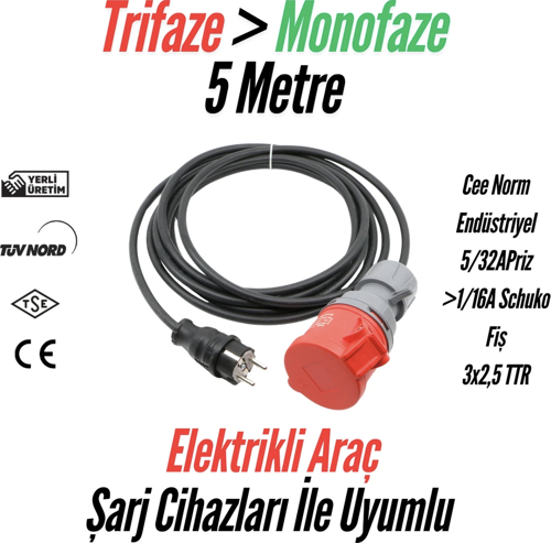 Elektrikli Araç Trifaze Uzatma Kablosu 32A→16A – 5 Metre, 3,7 kW | 1/16A Fiş – 5/32A Priz | 3x2,5 TTR