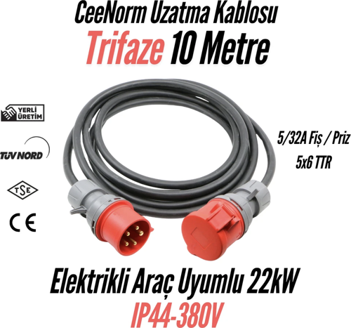 CEE Norm EV Şarj Uzatma Kablosu 5x6 10 Metre| 11 kW – 22 kW | 5/32A Fiş – 5/32A Priz