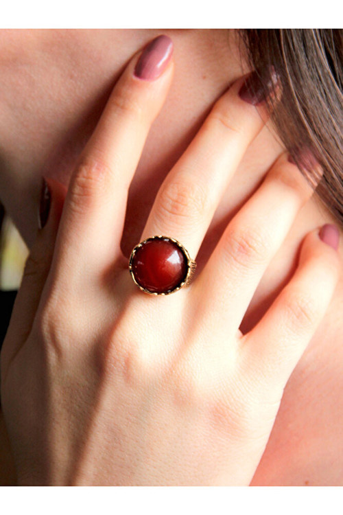 Doğal Taş Akik Doğal Taşlı Desenli Ayarlanabilir Yuvarlak Kadın Yüzük euy27a