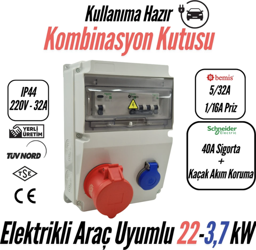 Kombinasyon Kutusu IP44 (40A Sigorta + Kaçak Akım Korumalı) (Taşınabilir Elektrikli Araç Şarj Cihazları İçin Uygundur) – 5/32A Ön Çıkış + 1/16A Ön Çıkış