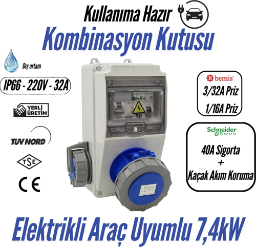 Kombinasyon Kutusu IP66 (40A Sigorta + Kaçak Akım Korumalı) (Taşınabilir Elektrikli Araç Şarj Cihazları İçin Uygundur) – 3/32A Ön Çıkış + 1/16A Ön Çıkış