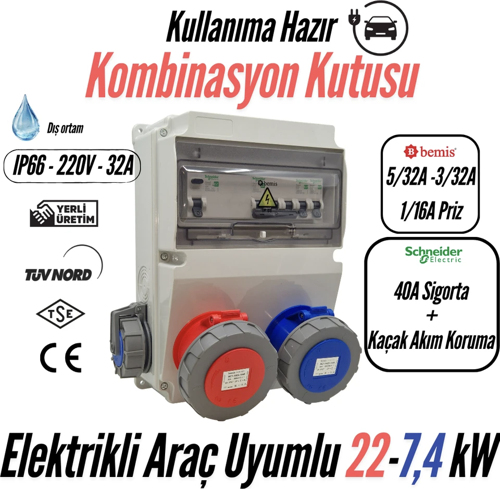 - Kombinasyon Kutusu IP66 (40A Sigorta + Kaçak Akım Korumalı)(Taşınabilir Elektrikli Araç Şarj Cihazları İçin Uygundur)