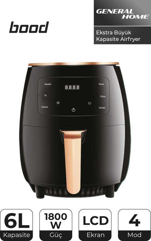 6L Airfryer | 1800W Ekstra Büyük Kapasite, LCD Ekranlı, 4 Modlu Yağsız Fritöz