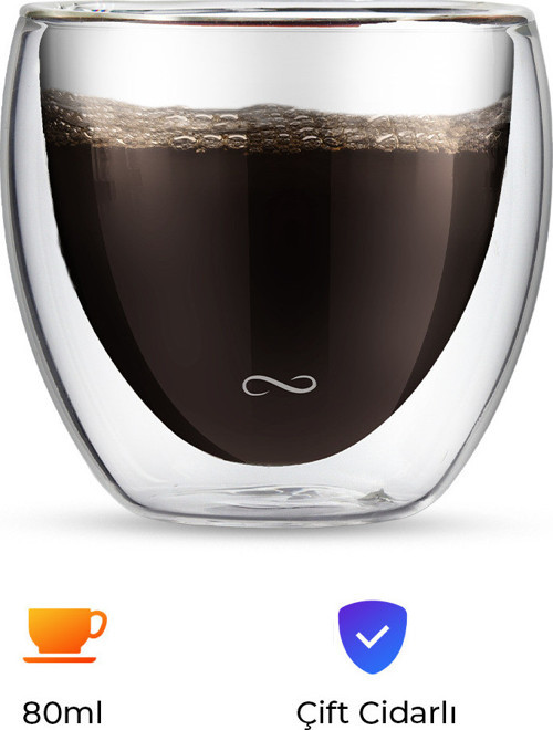 80 ml Çift Cidarlı Cam Bardak | Isıya Dayanıklı, Şeffaf Espresso ve Kahve Bardağı