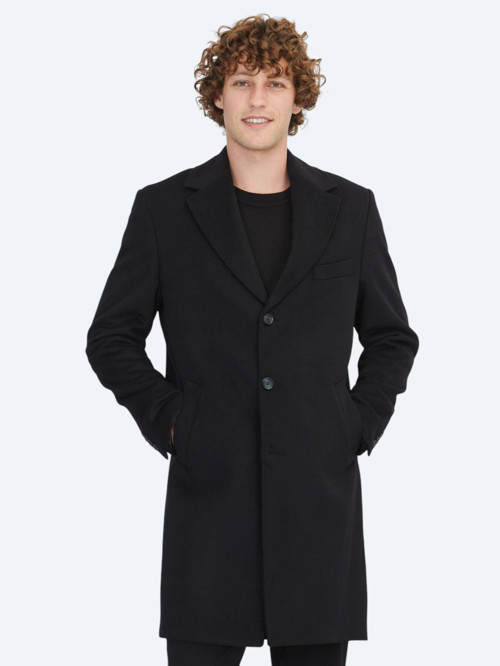 Siyah Regular Fit Kruvaze Yaka Casual Dokuma Palto
