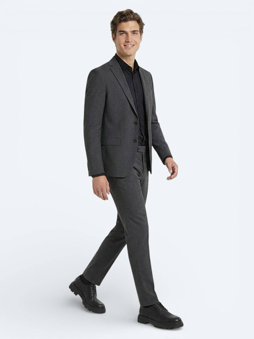 Antrasit Düz Regular Fit Yün Karışımlı Takım Elbise