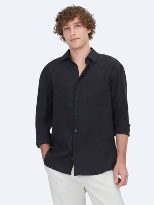 Siyah Oversize Fit Dokuma Casual Gömlek