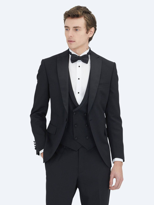 Siyah Düz Slim Fit Demonte Yaka Dokuma Y Smokin Takım Elbise