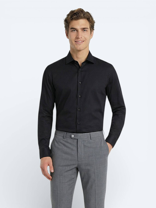 Siyah Düz Slim Fit Dokuma Klasik %100 Pamuk Gömlek