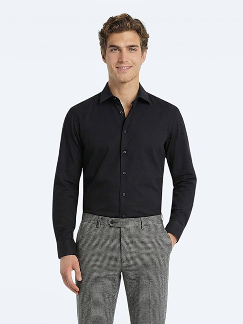 Siyah Düz Slim Fit Dokuma Klasik Pamuk Karışımlı Gömlek