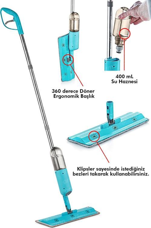 360 Derece Dönebilen Sprey Mop Paspas Seti | Mikrofiber Püskürtmeli Sprey Mop Temizlik Seti