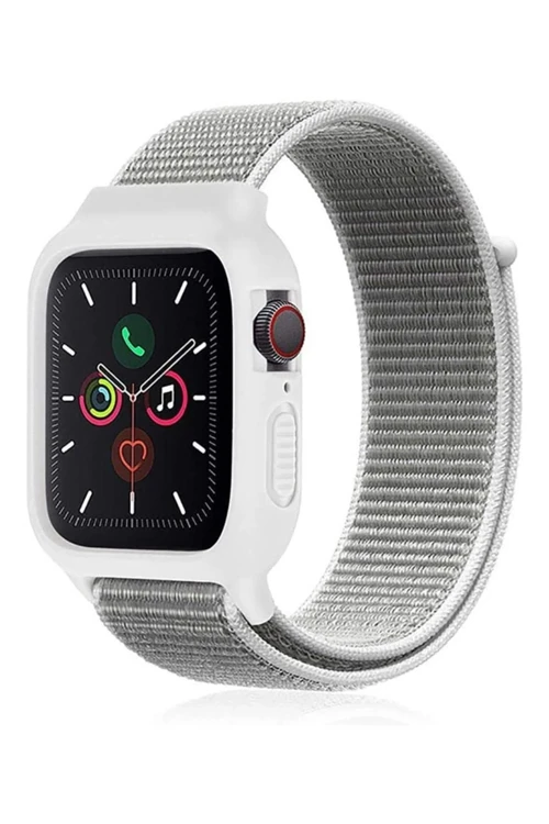 Apple Watch 38Mm Hasırlı Cırtcırtlı Kasalı Kordon - Beyaz